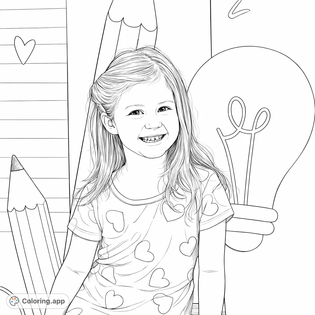 A delightful coloring page of a smiling child in front of school-themed elements like a giant pencil and lightbulb. Perfect for inspiring young minds!