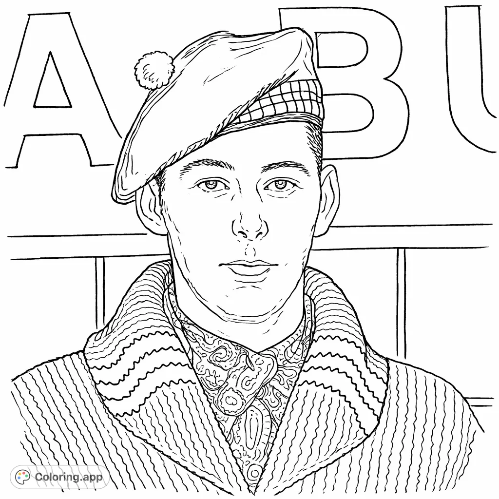 Color this striking portrait of a man in a classic Scottish beret, featuring detailed patterns on his hat, scarf, and distinctive striped collar.