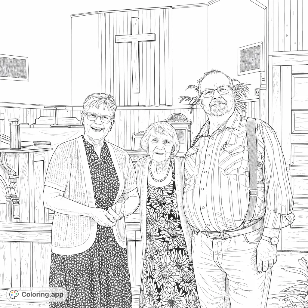 Capture a heartwarming scene of three individuals, two women and a man, standing in a church setting with a prominent cross. A delightful portrait of family and faith.