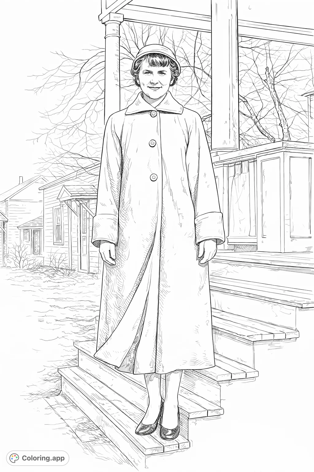 Step back in time with this realistic portrait of a woman in a classic long coat and hat, standing gracefully on wooden steps. A captivating vintage scene awaits your artistic touch.