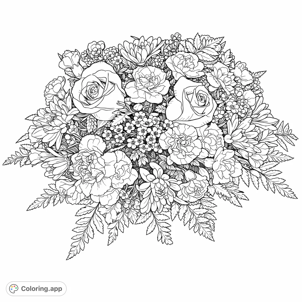 Color this exquisite floral centerpiece featuring a variety of realistic roses, carnations, and chrysanthemums nestled among lush foliage, perfect for relaxation.