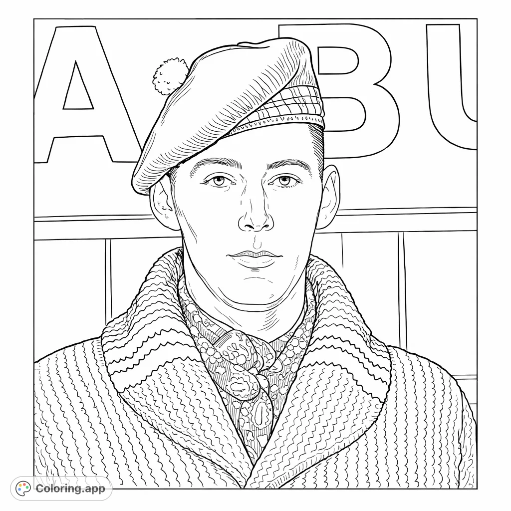 Capture the classic style of a man in a beret and patterned scarf. This realistic portrait offers intricate details, perfect for an adults coloring page.