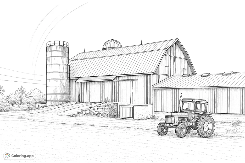 Explore a detailed farm scene featuring a rustic barn, tall silo, and powerful tractor under an expansive sky. Perfect for those who love rural settings and machinery.