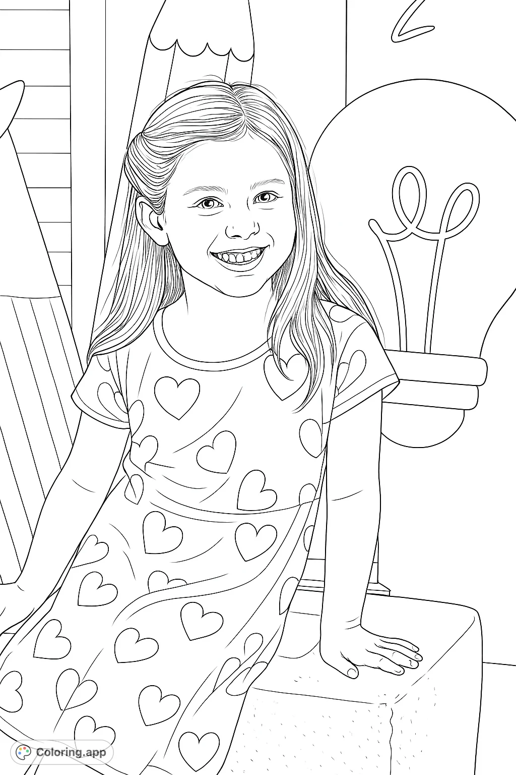 A joyful child in a heart-patterned dress, surrounded by oversized school-themed elements like pencils and a lightbulb, offering a delightful and engaging coloring experience.