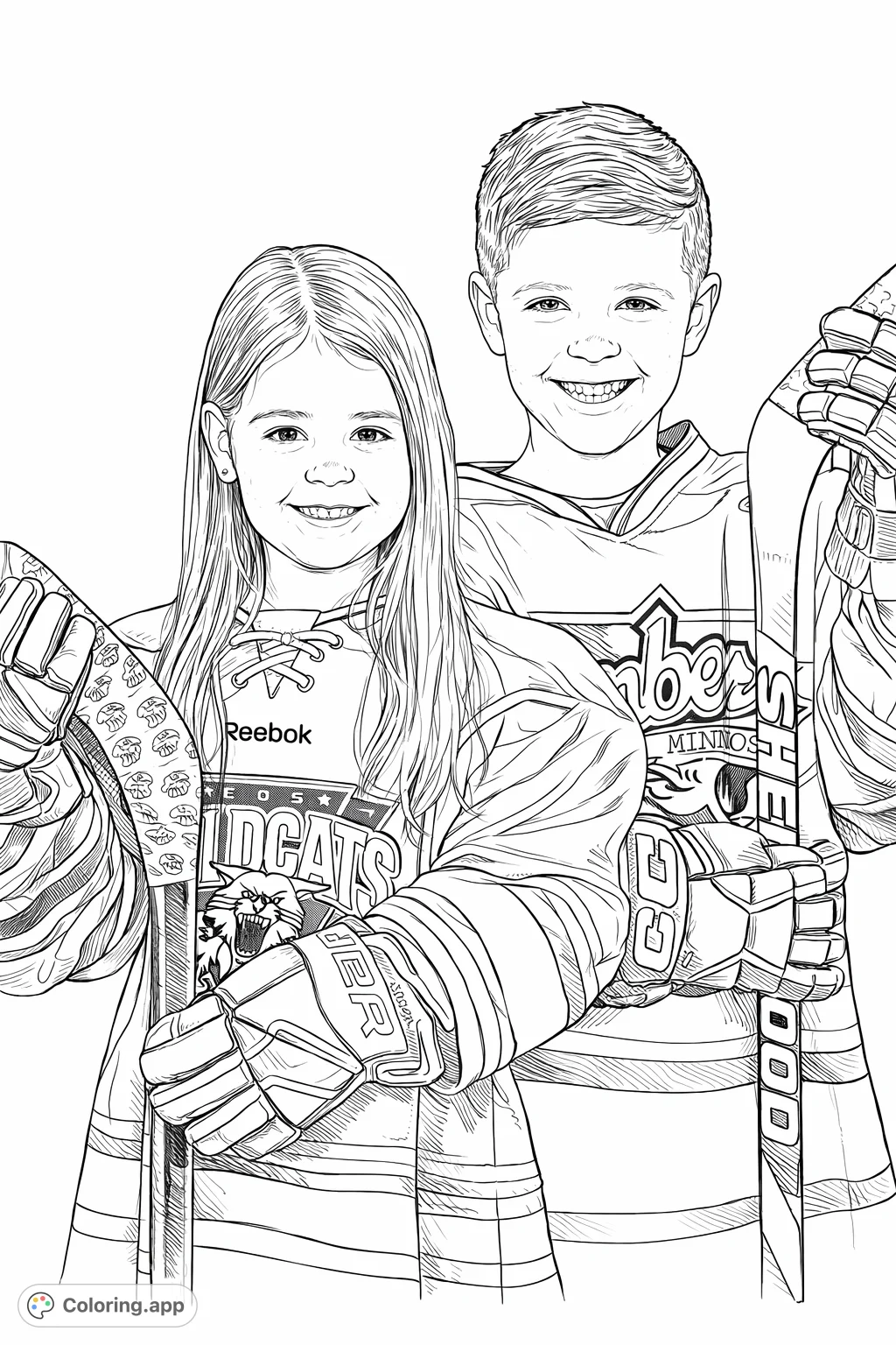 Two cheerful kids in hockey gear, ready for the rink! This fun junior hockey coloring page is perfect for sports fans, featuring realistic proportions and moderate detail.