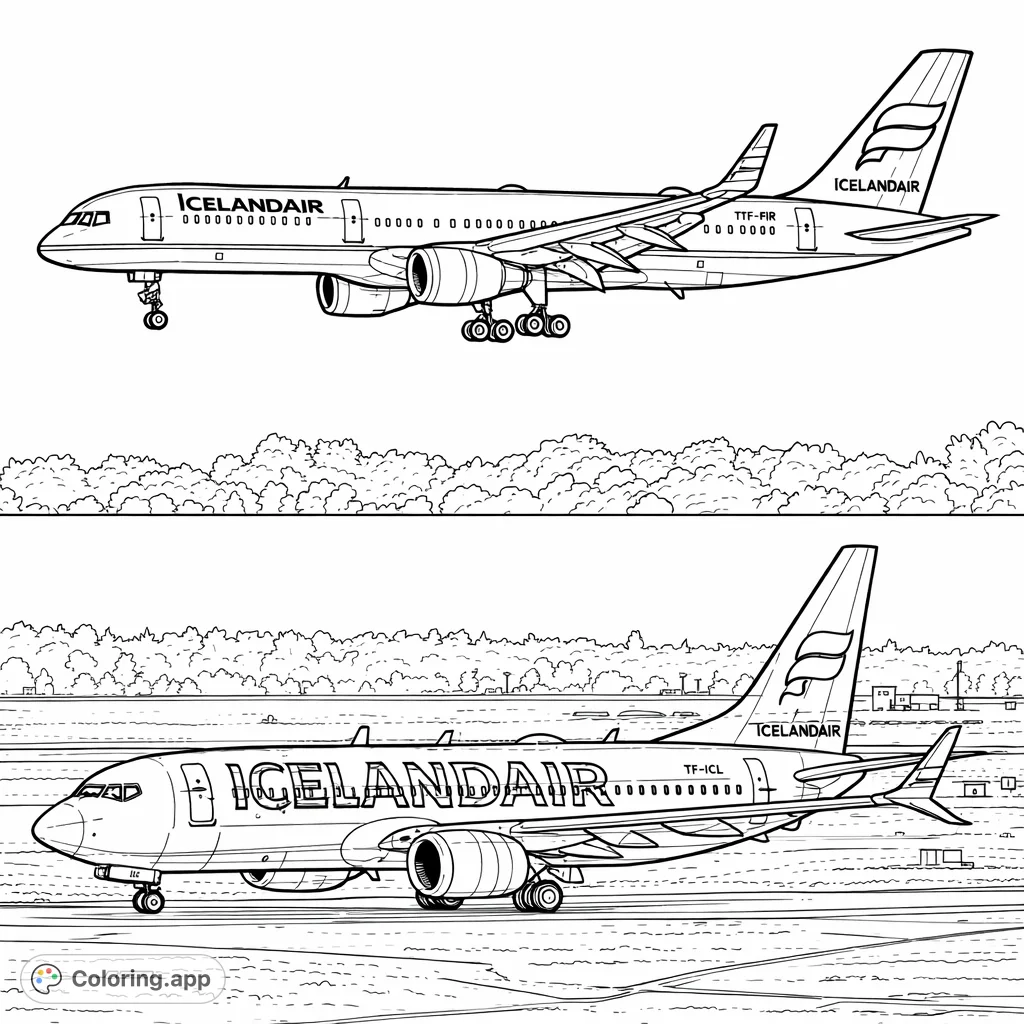 Explore two detailed jet airliners, one in flight with landing gear extended, and another on a snowy runway. A dynamic aviation adventure awaits!