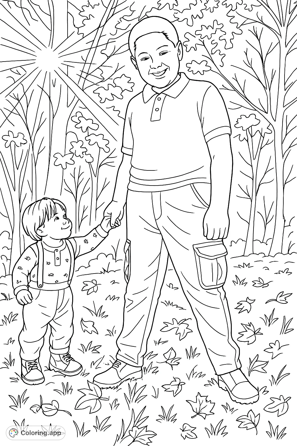 A heartwarming image of two boys, an older child holding hands with a smiling toddler, set in a leaf-strewn outdoor scene, perfect for family-themed coloring.
