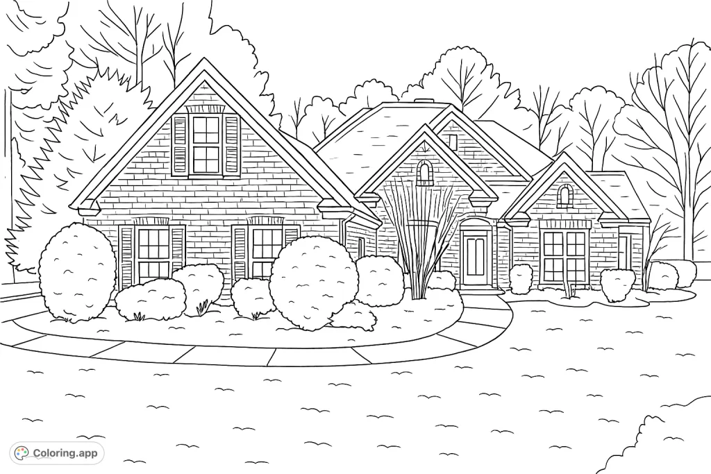 Color a detailed Gabled Brick Home Scene featuring a classic house with intricate brickwork, multiple windows, and a lush, structured landscape, perfect for architecture enthusiasts.