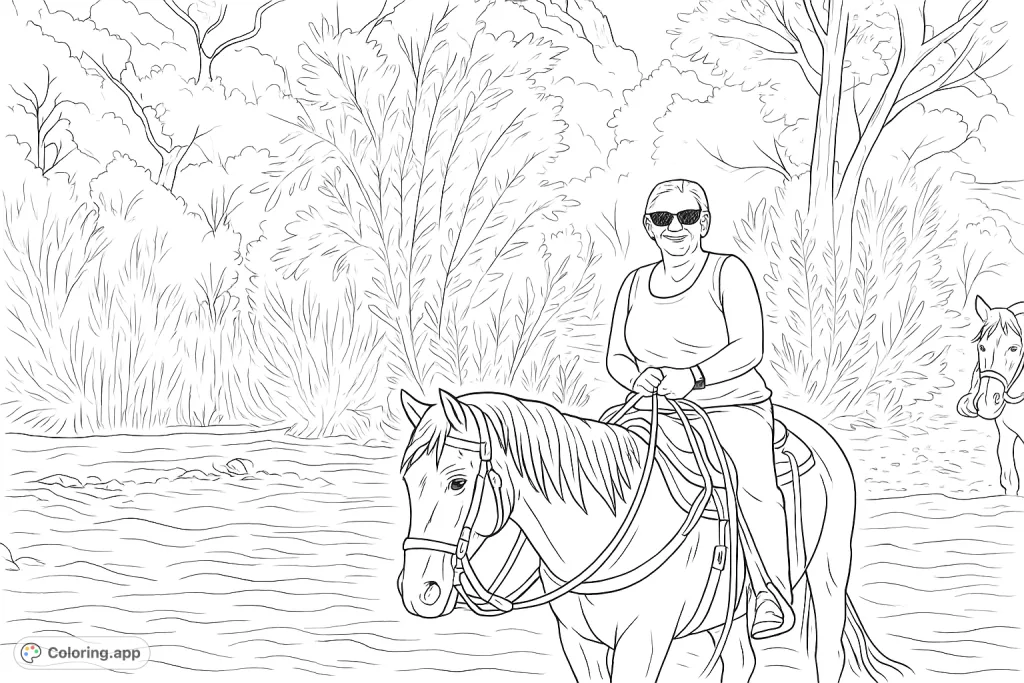 Embark on a scenic river horseback riding adventure! This coloring page features a happy rider and her horse crossing a shallow stream amidst lush nature.