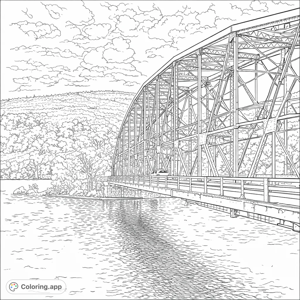 Color an intricate arched truss bridge spanning a peaceful river, set against a rolling tree-covered hillside and a sky with dynamic clouds.