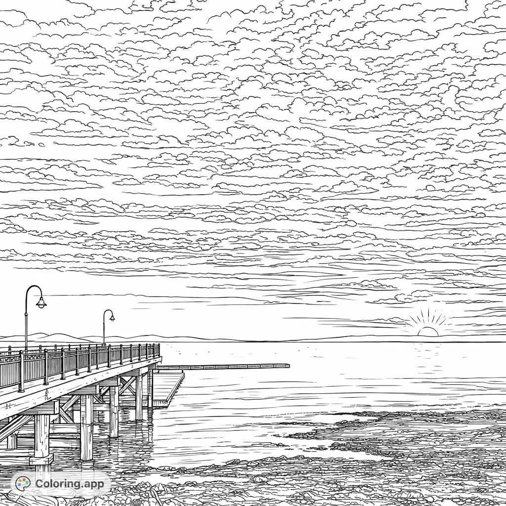 A serene coastal scene featuring a long pier extending into calm waters under a dramatic, cloud-filled sky. Perfect for relaxation and intricate coloring.