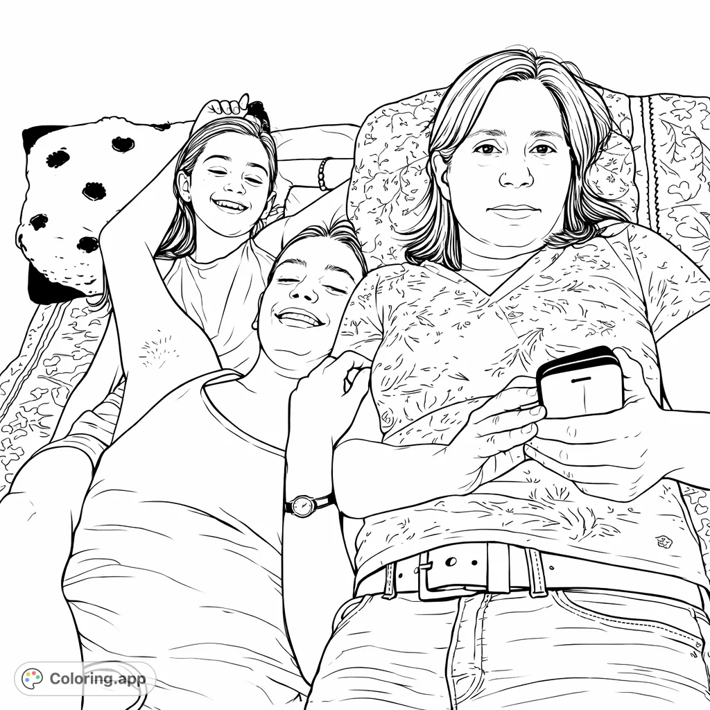 A heartwarming scene of three family members relaxing together on a bed, with cheerful expressions and comfortable surroundings. Perfect for a cozy coloring session.