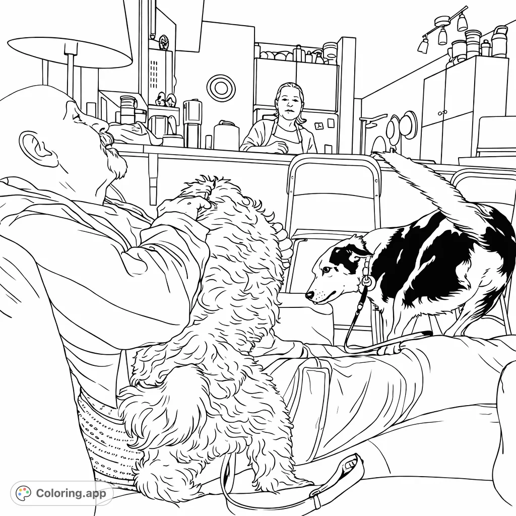 A heartwarming scene of a person relaxing on a couch with two beloved dogs, while another person is in the kitchen. Capture family moments!