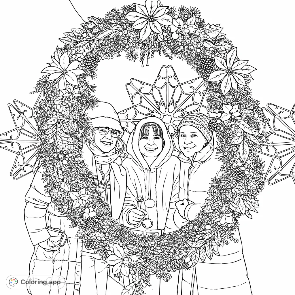 A heartwarming holiday scene with three people embraced by a beautifully decorated, lit wreath, set against a wooden wall with intricate snowflakes. Perfect for seasonal joy.