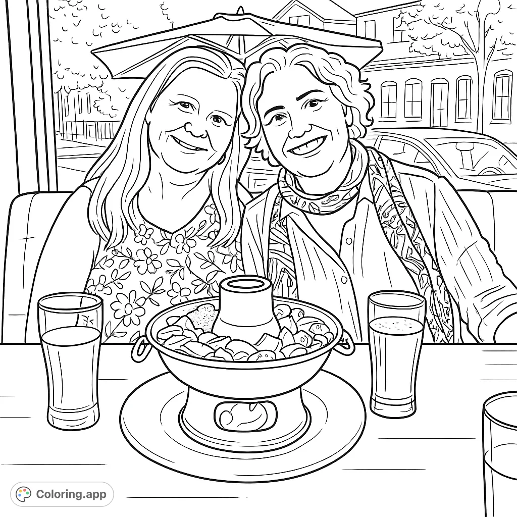 Two smiling friends enjoy a hot pot meal and drinks by a window overlooking a lively street scene. Perfect for a cozy coloring escape.