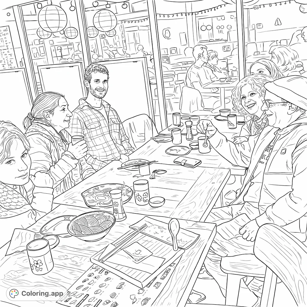 Capture the joyful ambiance of friends dining at a restaurant, surrounded by table settings and charming lanterns. A delightful scene for creative expression.