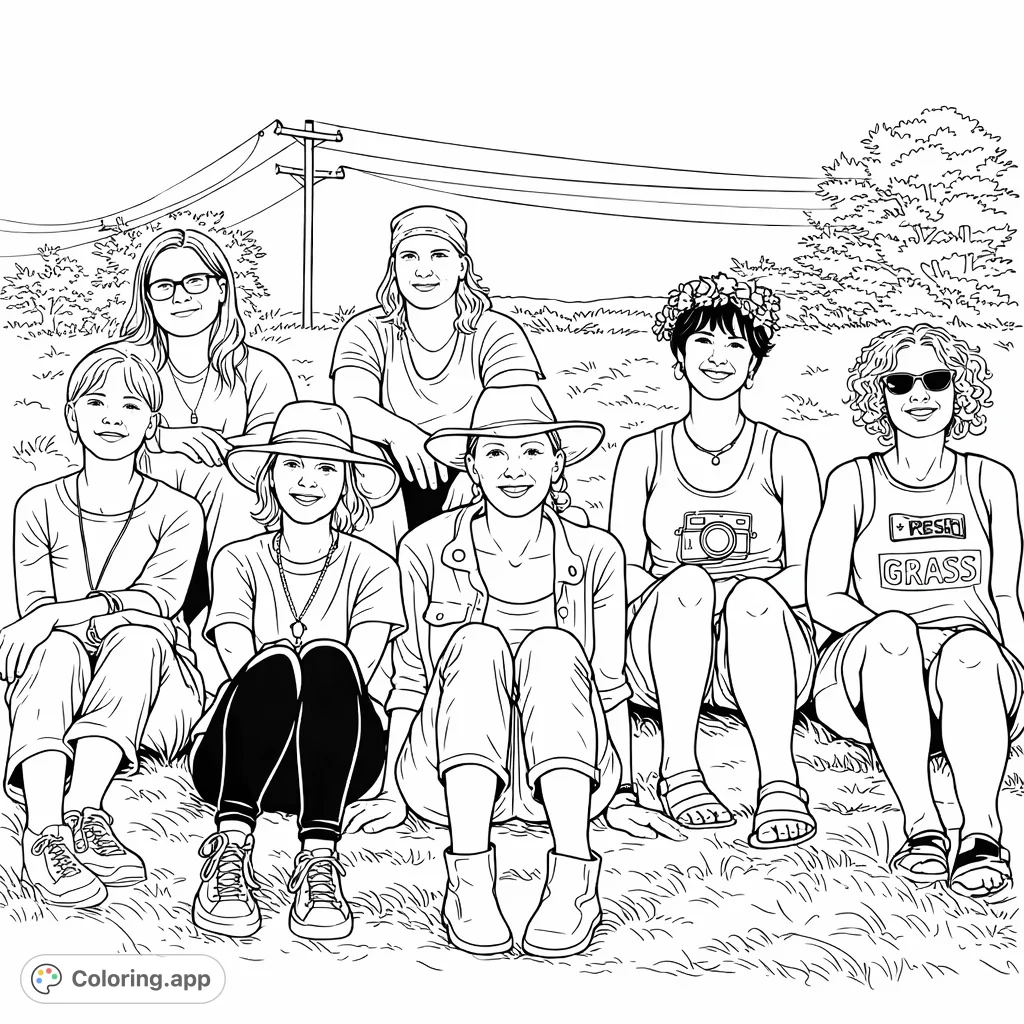 A detailed coloring page featuring six individuals seated on a grassy slope with utility poles and distant trees, perfect for personalizing expressions and outfits.
