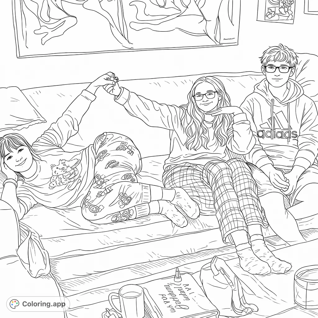 A cozy scene featuring three friends or family members relaxing on a comfortable couch, interacting playfully. Perfect for a relaxing coloring session.