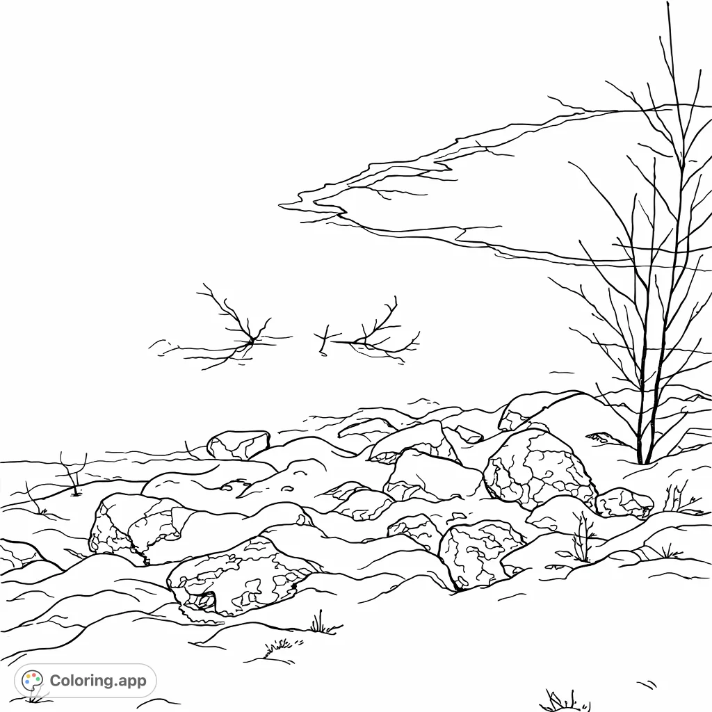 Explore a serene winter scene featuring a partially frozen lake, snow-covered rocks, and delicate branches. A calming landscape for creative expression.