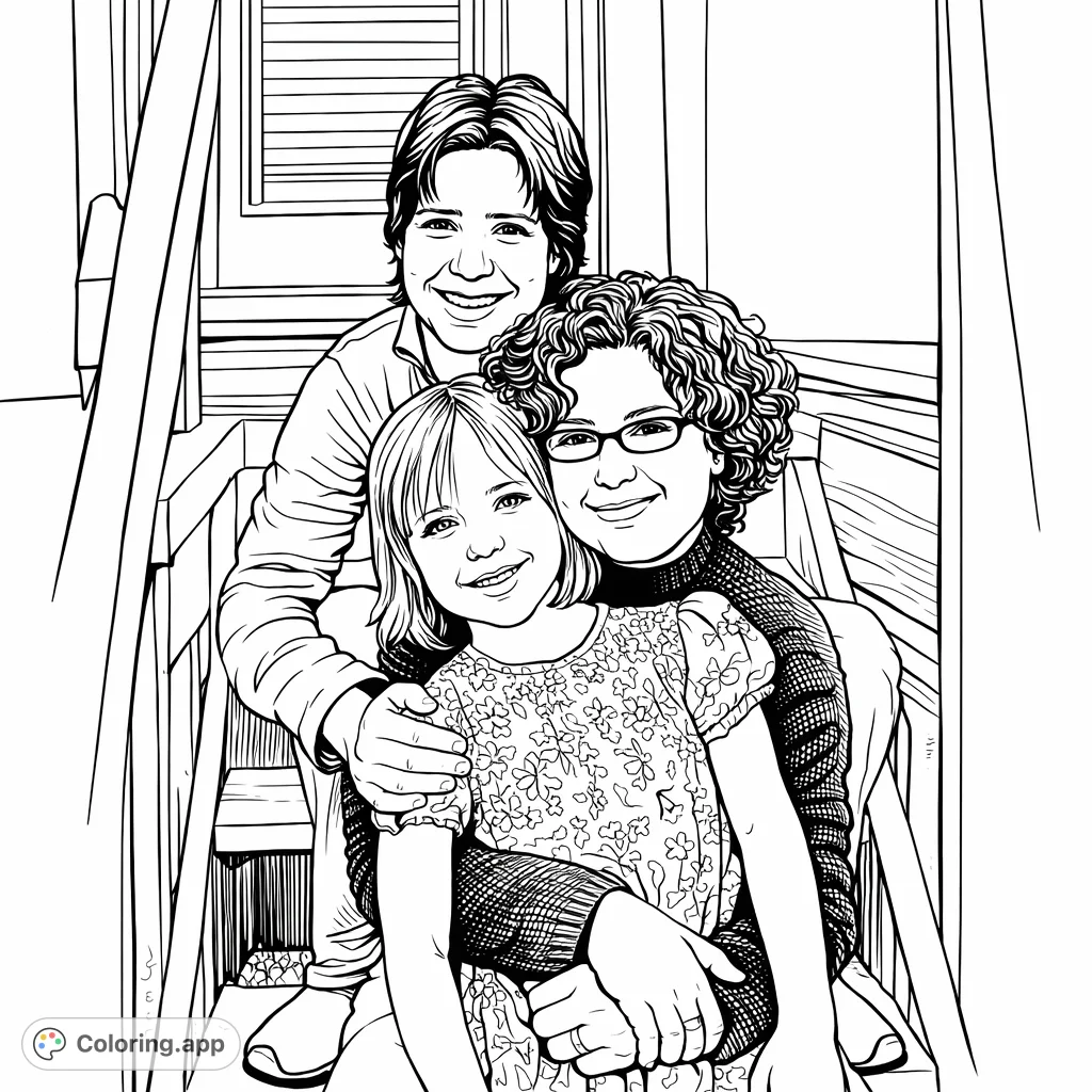 A heartwarming family coloring page featuring two adults and a smiling child seated on steps. Perfect for celebrating connections and creative expression for all ages.