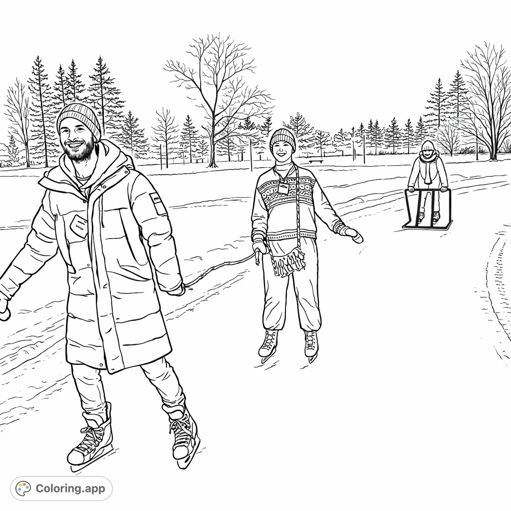 Experience the joy of a winter day ice skating with friends on a scenic outdoor rink. This detailed coloring page captures fun and laughter amidst snow and trees.
