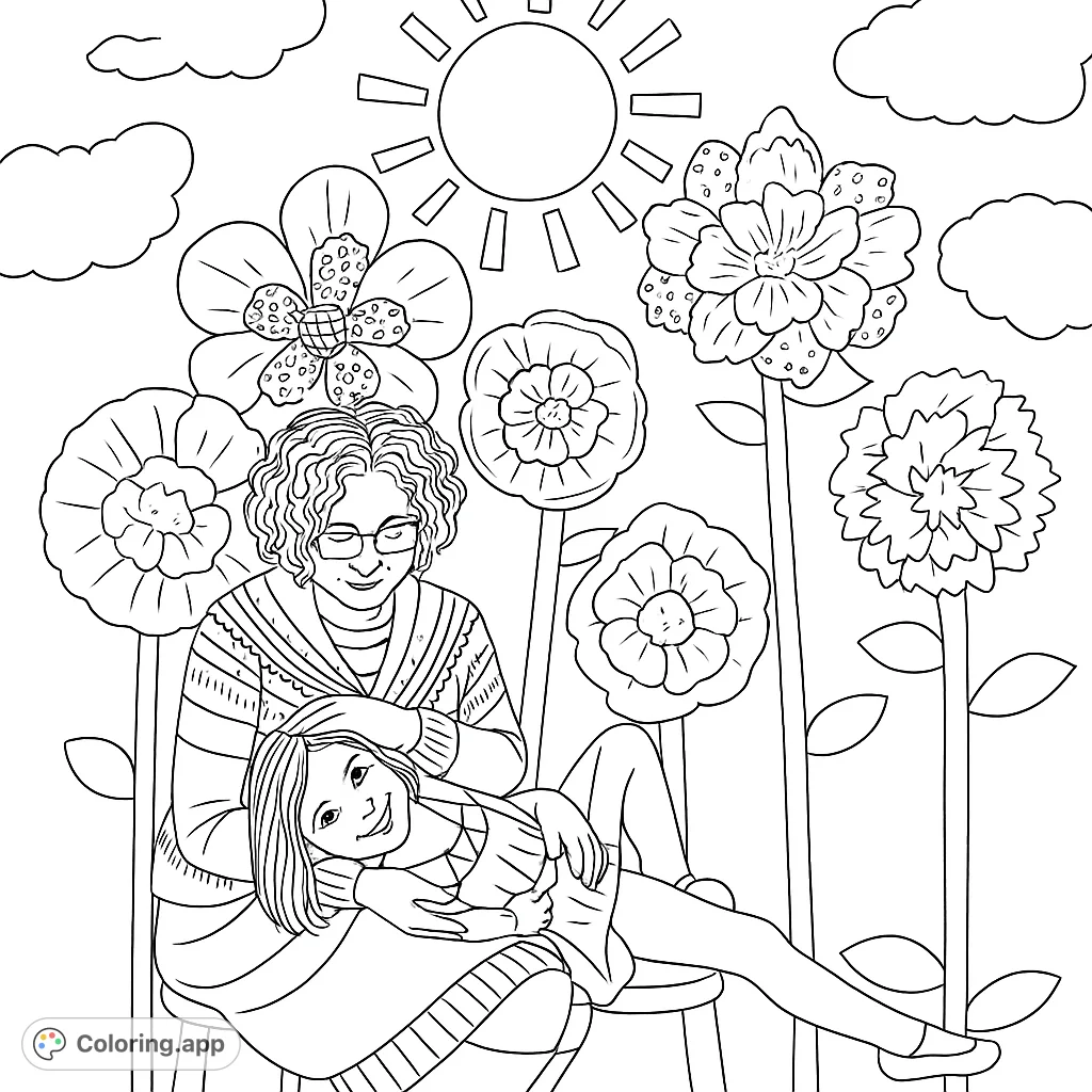 A heartwarming mother and child coloring page set against a whimsical backdrop of layered paper flowers, a radiant sun, and fluffy clouds.
