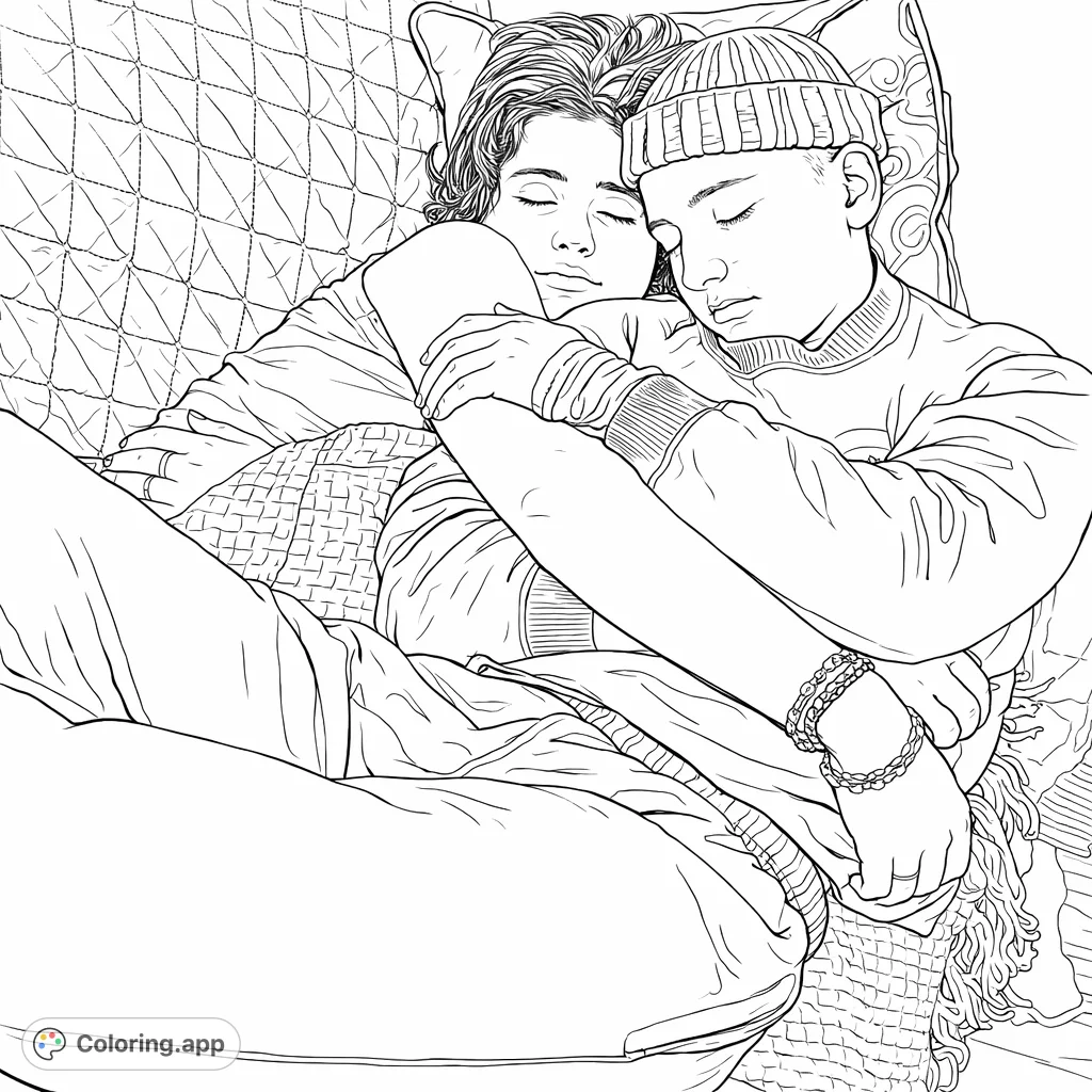 A serene coloring page depicting two individuals resting peacefully, embracing on a cozy surface, surrounded by soft textures. Perfect for relaxation.