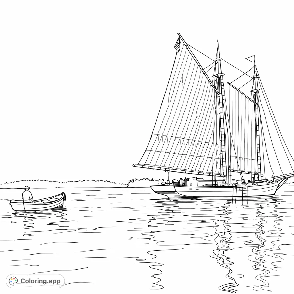 A majestic schooner sails peacefully across serene waters, accompanied by a small boat and distant islands under a vast sky, ready for your artistic touch.