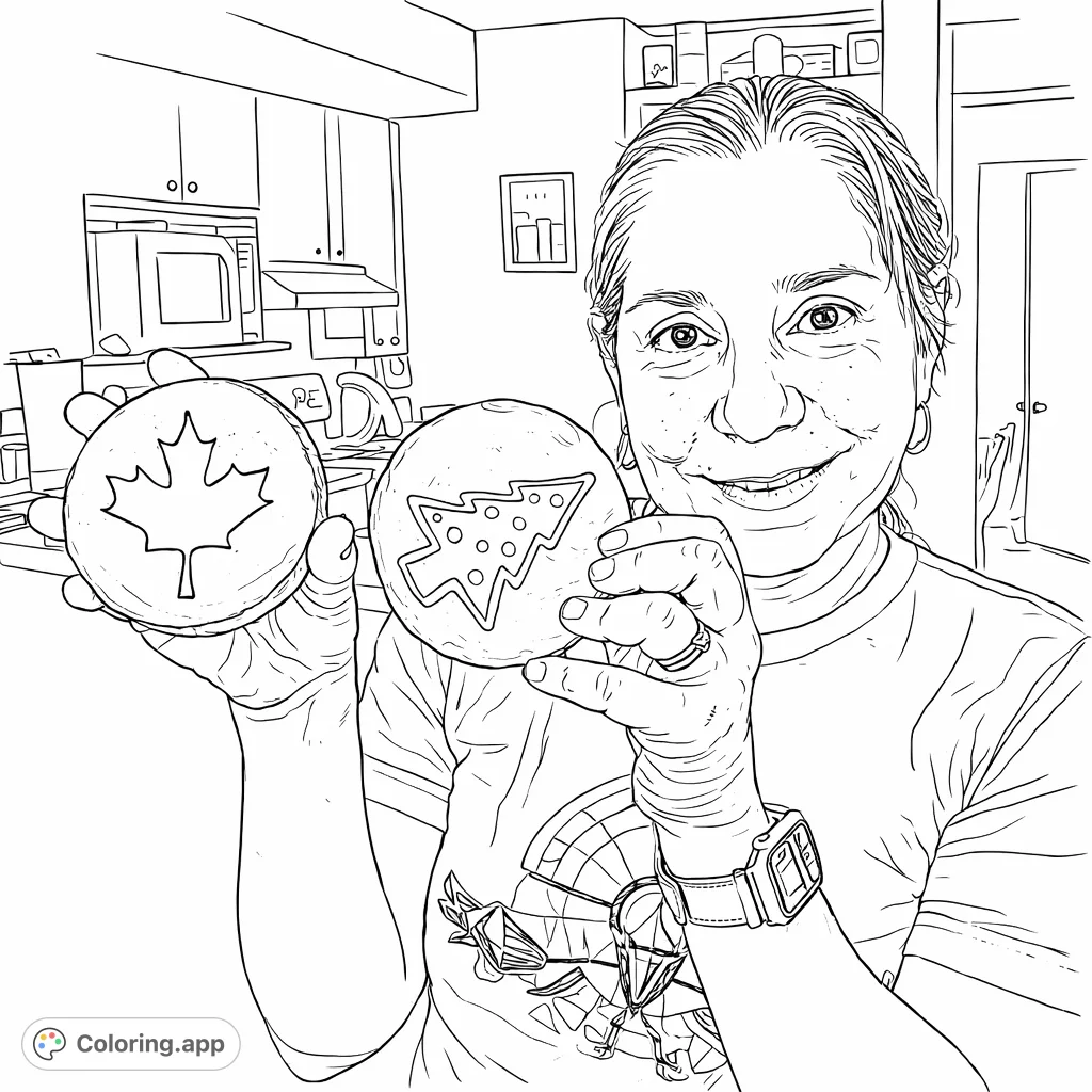 A delightful coloring page featuring a smiling individual proudly displaying two festive cookies, one with a maple leaf and another with a decorated tree design.