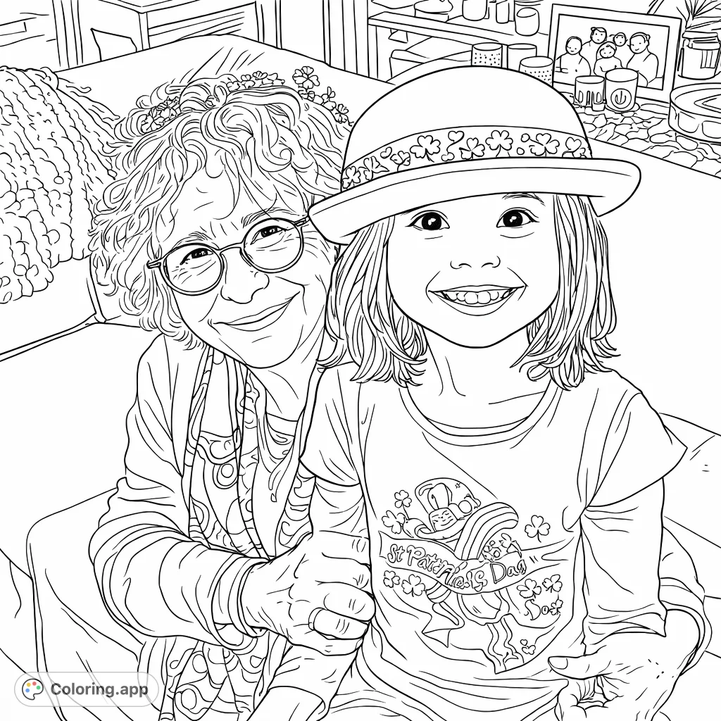 Celebrate the festive spirit with this charming St. Patrick's Day coloring page featuring a joyful grandmother and granddaughter in celebratory attire.