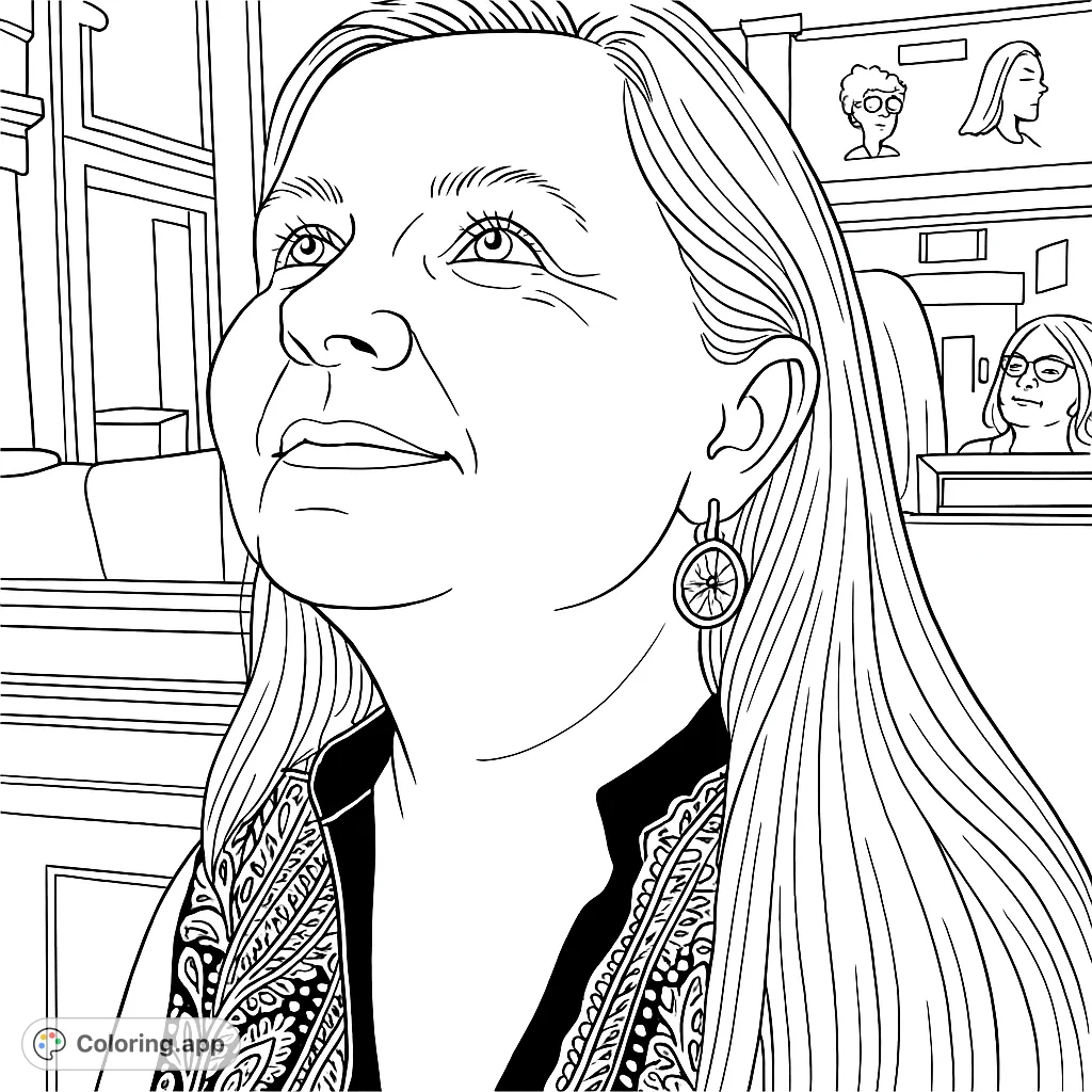 Capture a woman's serene upward gaze with long hair and a unique citrus slice earring, featuring intricate patterns on her attire in an inviting indoor setting.