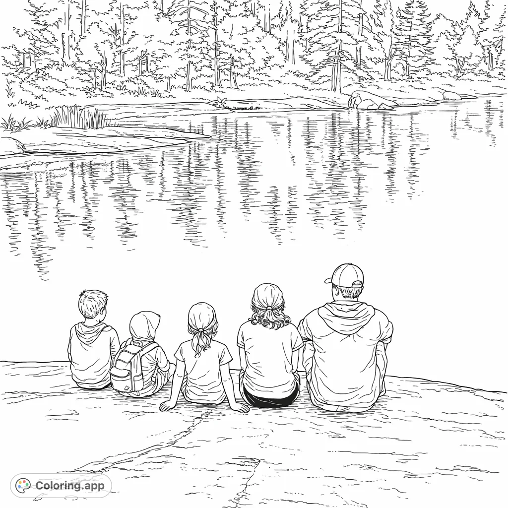 A serene lakeside scene featuring a family seated on a textured rock, gazing at the tranquil water and distant forest. A peaceful nature coloring page.