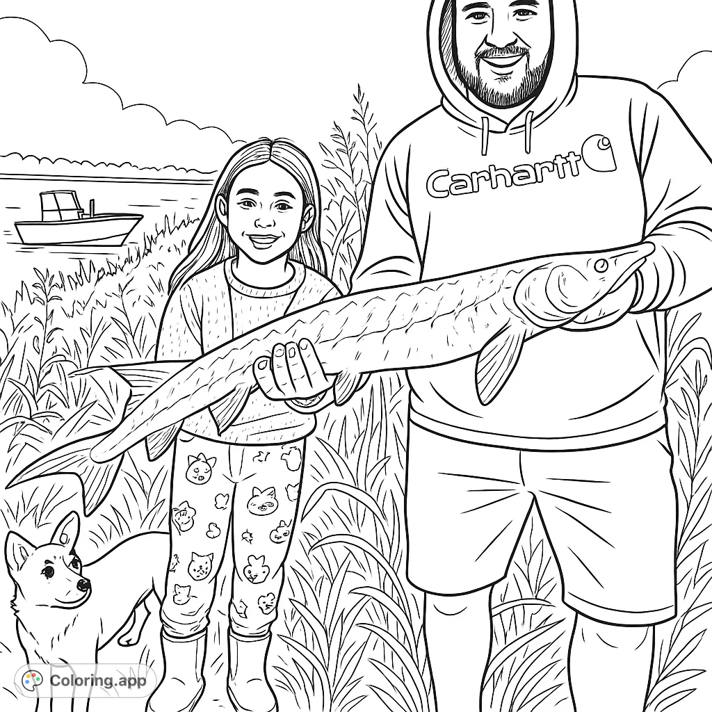 Celebrate a memorable fishing adventure with this detailed sturgeon fishing coloring page, featuring a family, their big catch, and a loyal dog by the river.
