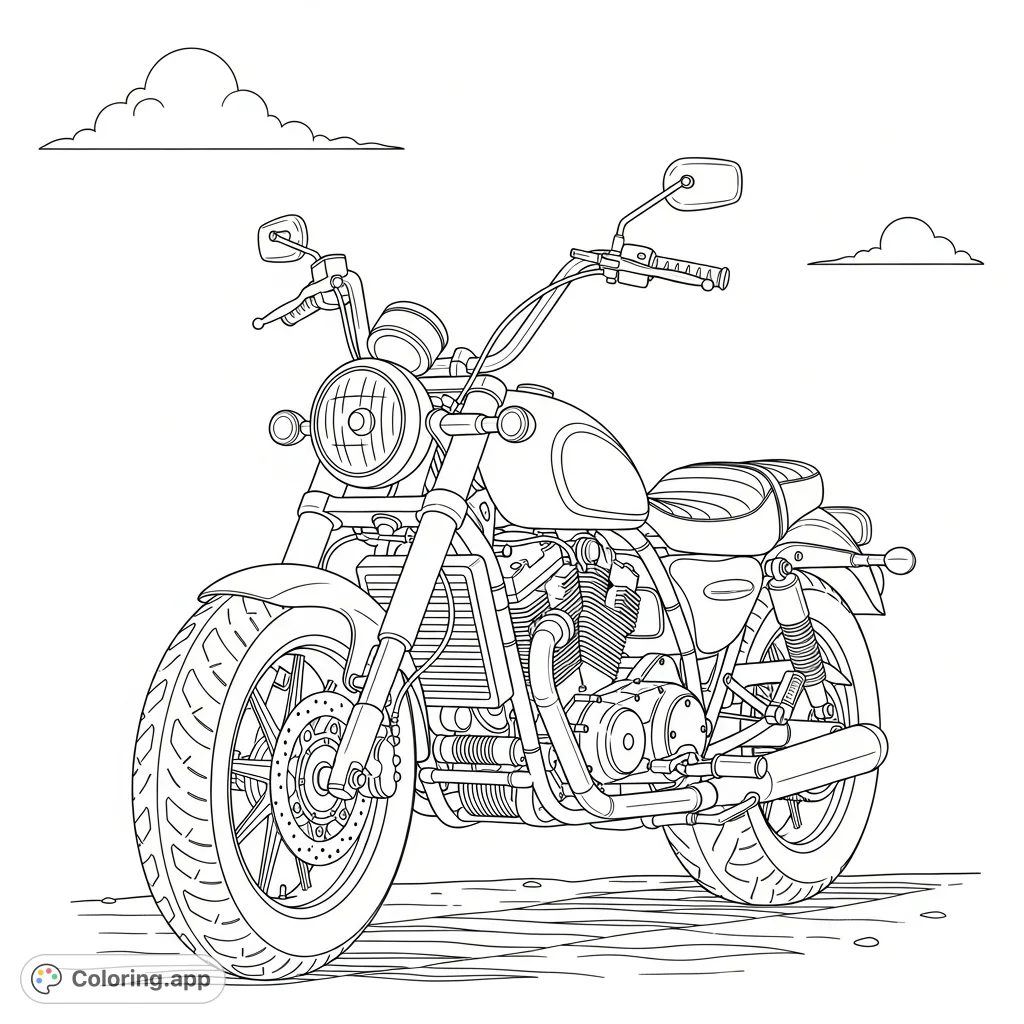Discover a detailed motorcycle coloring page, featuring a robust bike with distinct features, ready for your creative touch. Perfect for vehicle enthusiasts!