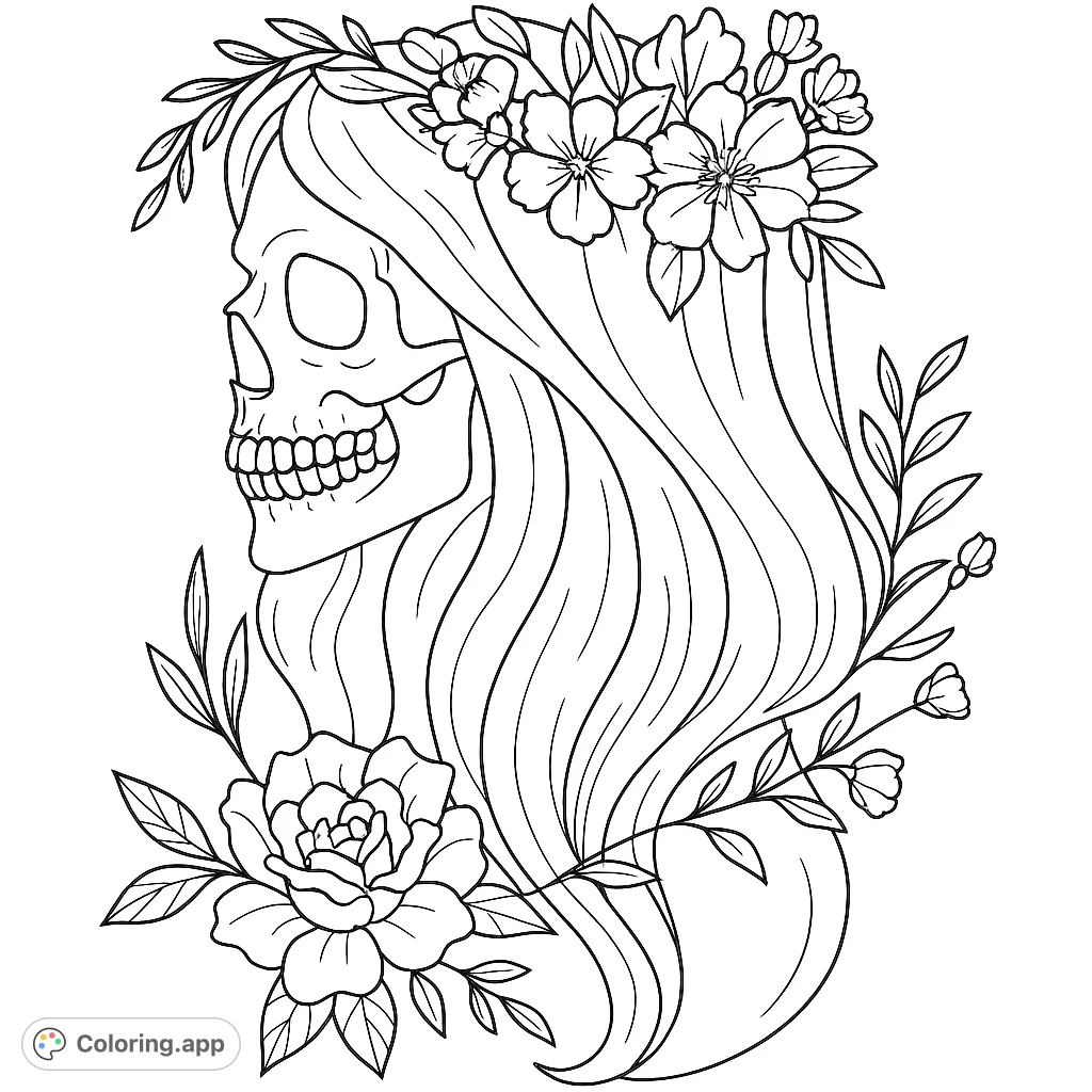 A striking skull adorned with a delicate floral crown and flowing hair, set amidst an elegant arrangement of blooms and foliage. Perfect for creative expression.
