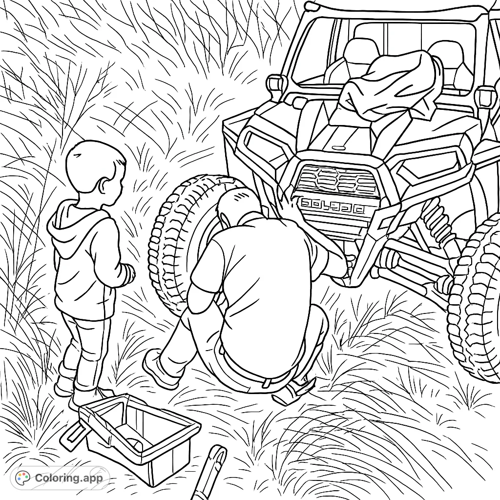 A man and a child work together on an ATV in a rugged outdoor setting. Perfect for adventure enthusiasts and budding mechanics!