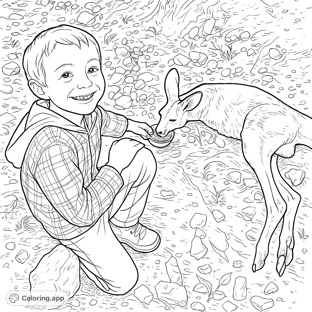 A heartwarming coloring page featuring a smiling boy gently feeding a kangaroo from a small bowl on rocky ground. Perfect for animal lovers and nature enthusiasts.