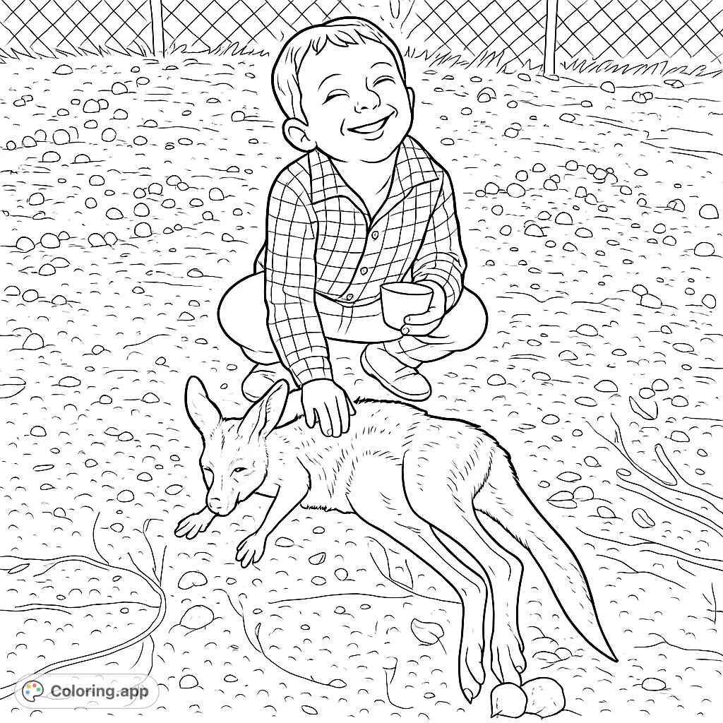 A heartwarming coloring page featuring a smiling boy gently petting a relaxed baby kangaroo on textured ground, with nature elements and a fence in the background.