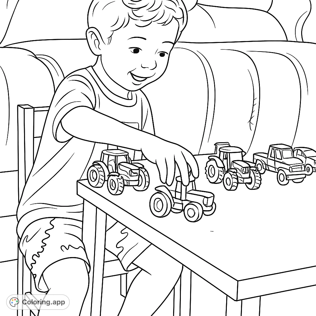 A joyful child immersed in play with a fleet of toy tractors and trucks on a table. Perfect for young enthusiasts of farm machinery and imaginative play.