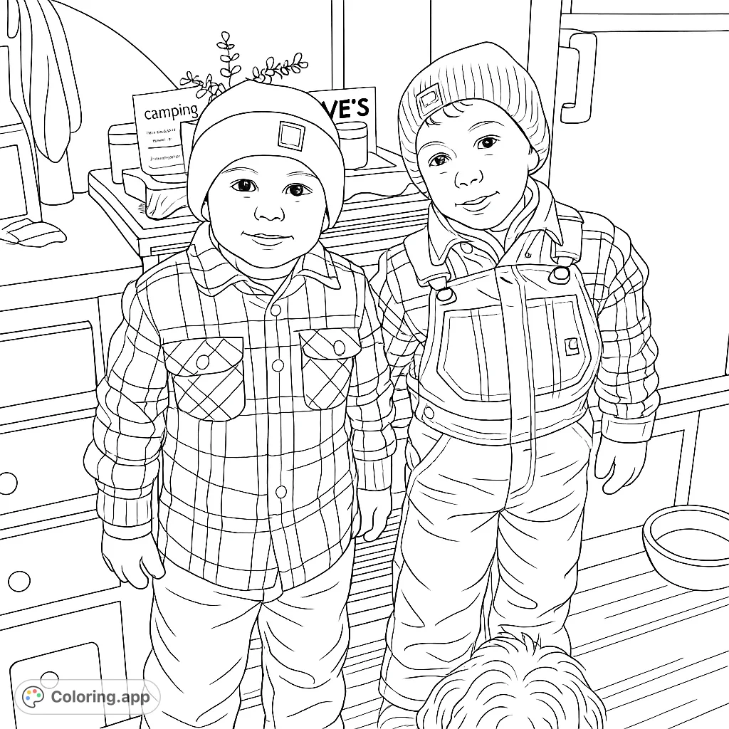 Two cheerful young boys in warm plaid shirts and beanies, one in overalls, stand in an inviting indoor setting. A fun portrait ready for your creative touch.