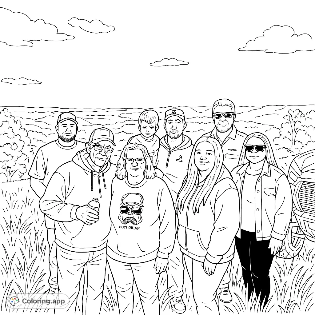 A heartwarming family outdoor adventure coloring page, featuring a group of people and a child on a scenic mountain overlook. Perfect for all ages!