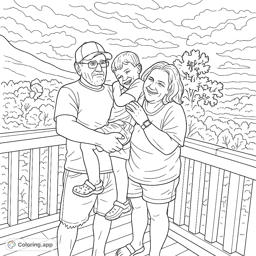 Capture a heartwarming family moment on a scenic mountain deck. This free printable family portrait coloring page features a happy trio against a beautiful natural backdrop.