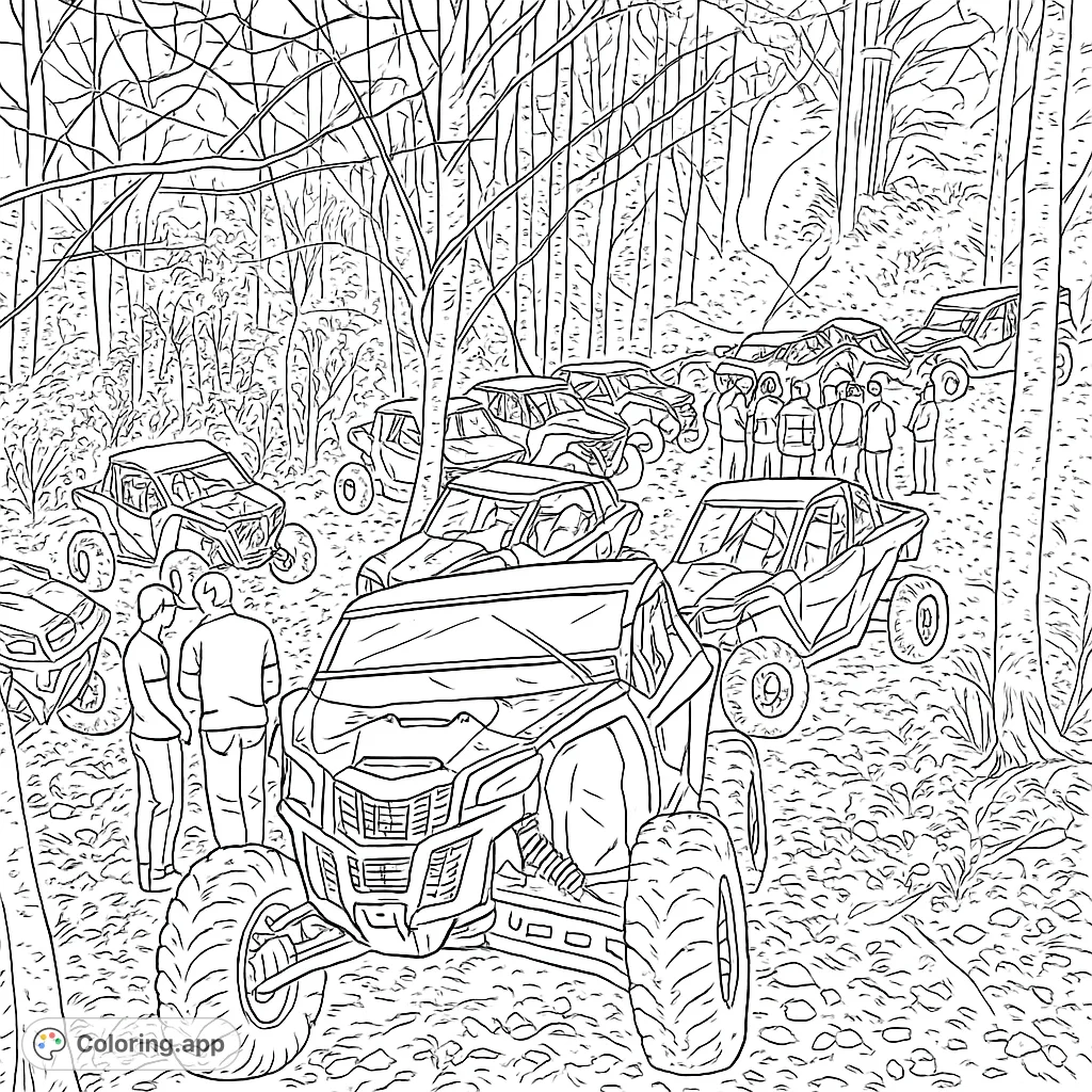 Explore an exciting off-road scene featuring powerful vehicles and enthusiasts gathered in a leaf-strewn forest. A challenging adventure awaits your creative touch.