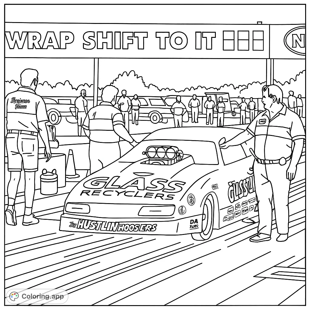 Experience the thrill of the drag strip with this detailed coloring page featuring a powerful race car and its dedicated pit crew. Perfect for automotive enthusiasts.