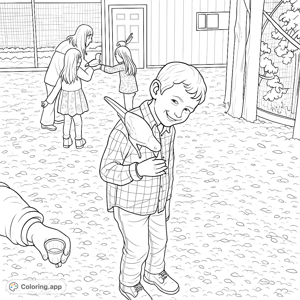 A heartwarming scene of a young boy happily feeding a bird, with a family enjoying animal interactions in the background. A delightful nature encounter.