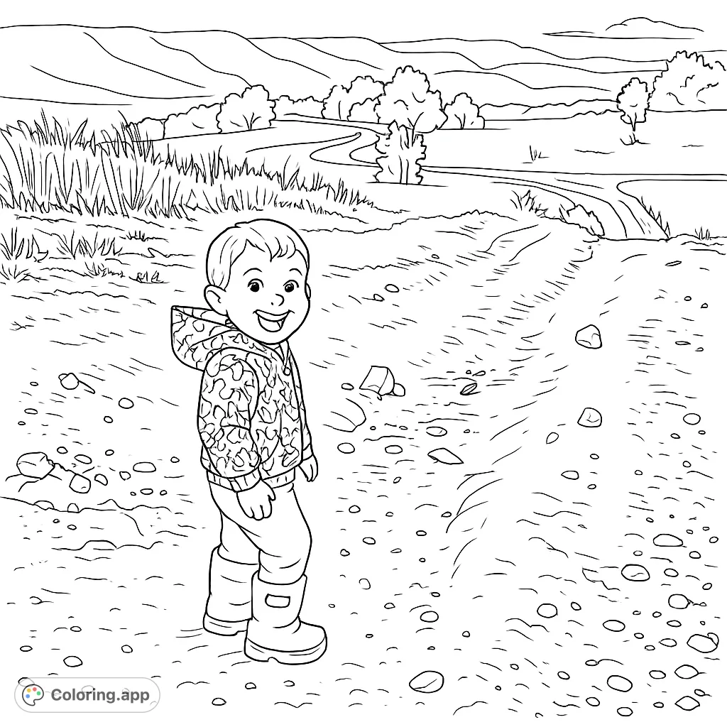 A delightful coloring page featuring a smiling child on a mountain path, surrounded by rolling hills and natural textures. Perfect for inspiring imagination and outdoor adventures.