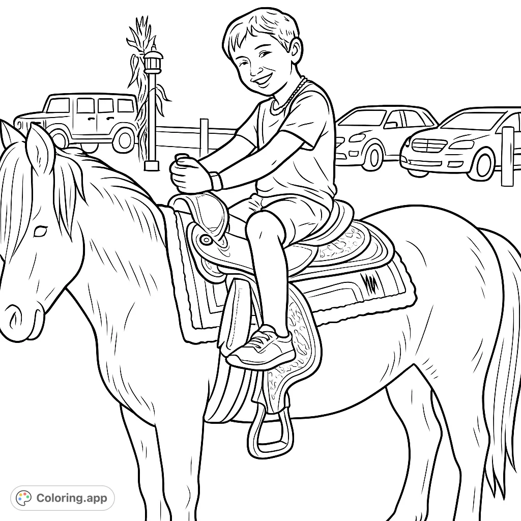 A cheerful boy enjoys a pony ride, showcasing a detailed pony with a western saddle against an outdoor backdrop of trees, a fence, and vehicles.