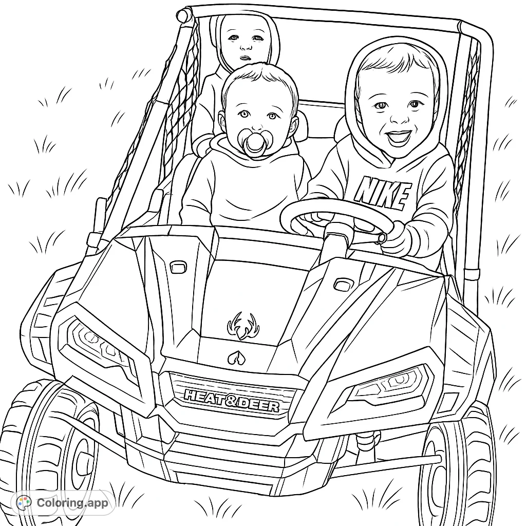 Three joyful children ride a rugged off-road vehicle through a grassy field. A fun, free printable kids' vehicle coloring page with cute characters.