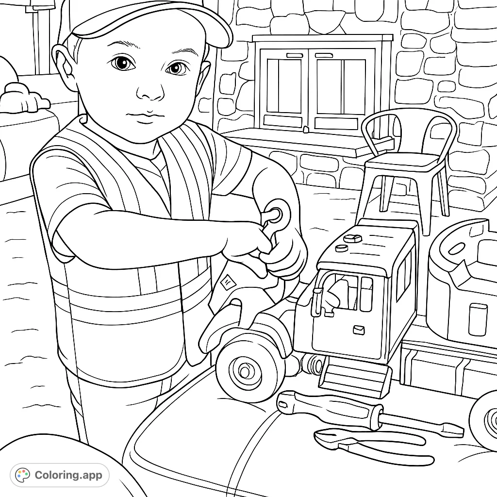 A charming construction coloring page featuring a child in a safety vest playing with a large toy truck and tools. Perfect for young aspiring builders!