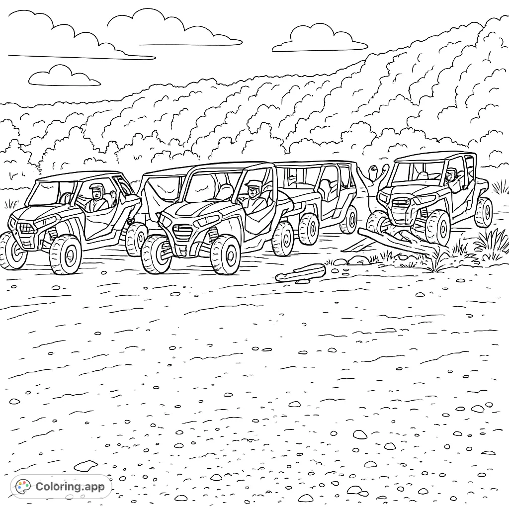 Explore the thrill of off-road adventure with this detailed UTV coloring page, featuring multiple vehicles on rugged terrain and forested hills.